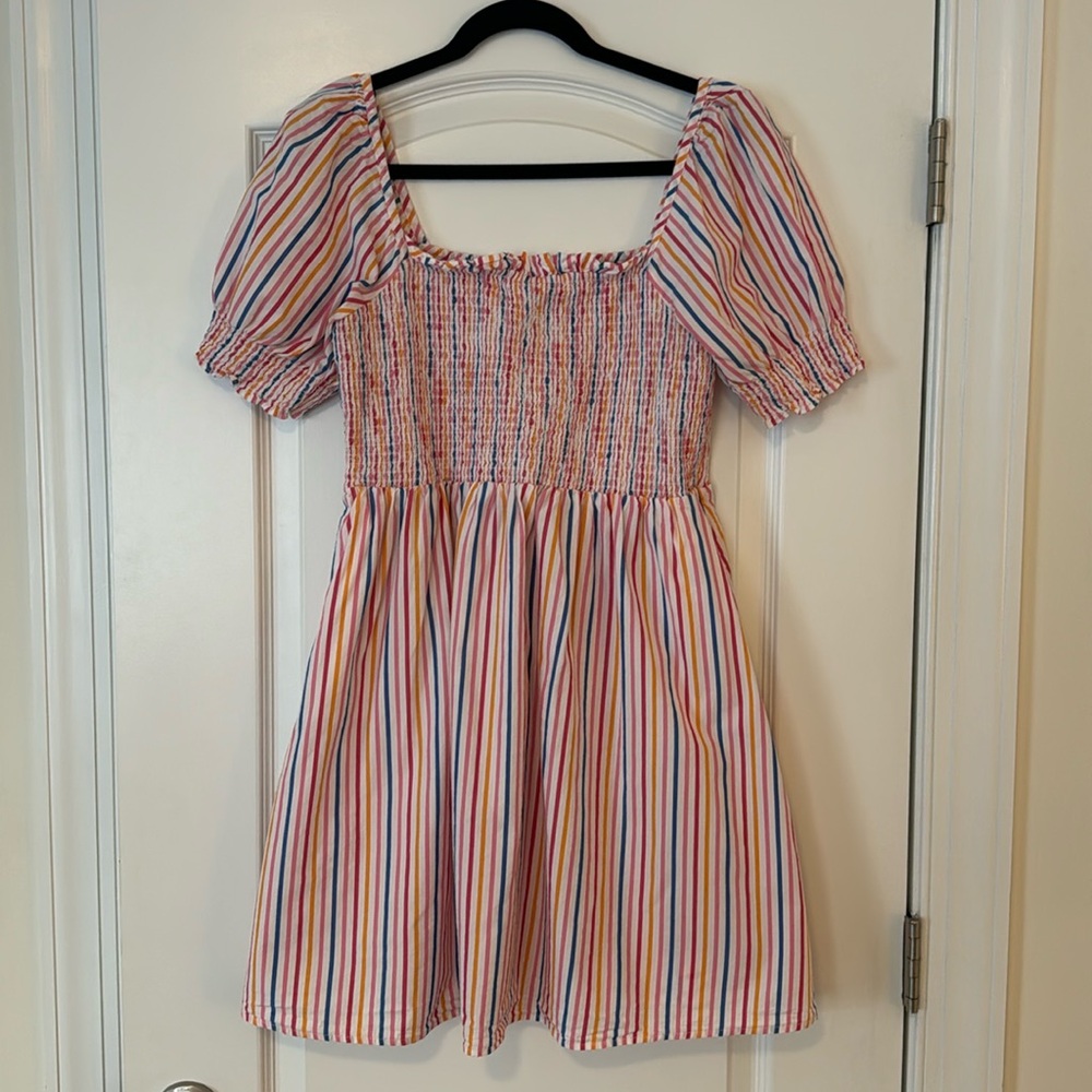 Draper James Size L | Multi-colored Stripe Smock Dress with Pockets